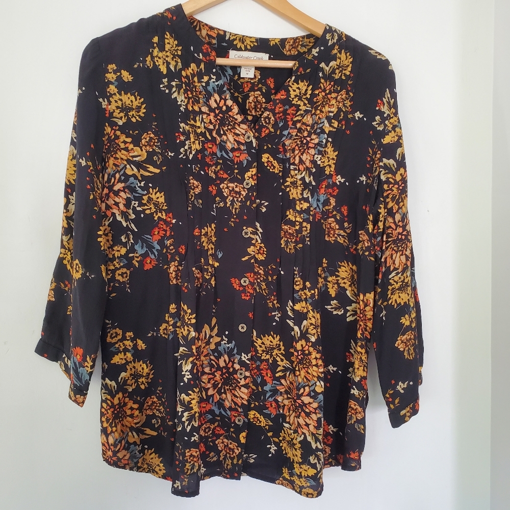 Fall Floral On Black Button Up Pintuck Blouse M 3/4 Sleeve Viscose Casual Office